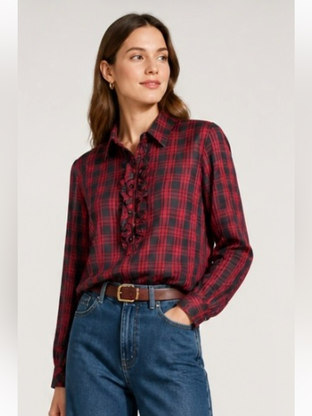 TALBOTS Petite Tartan Plaid Ruffle Front Blouse Top Shirt Red Black 12P Button
